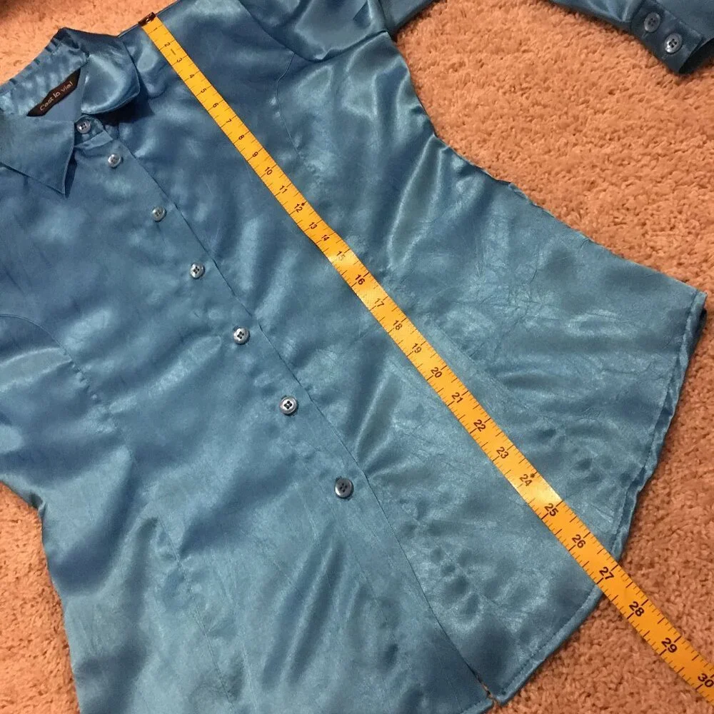 C'est La Vie Vintage Satiny Cyan Blue Retro Button Down Dress Shirt Canadian - M - Picture 15 of 16